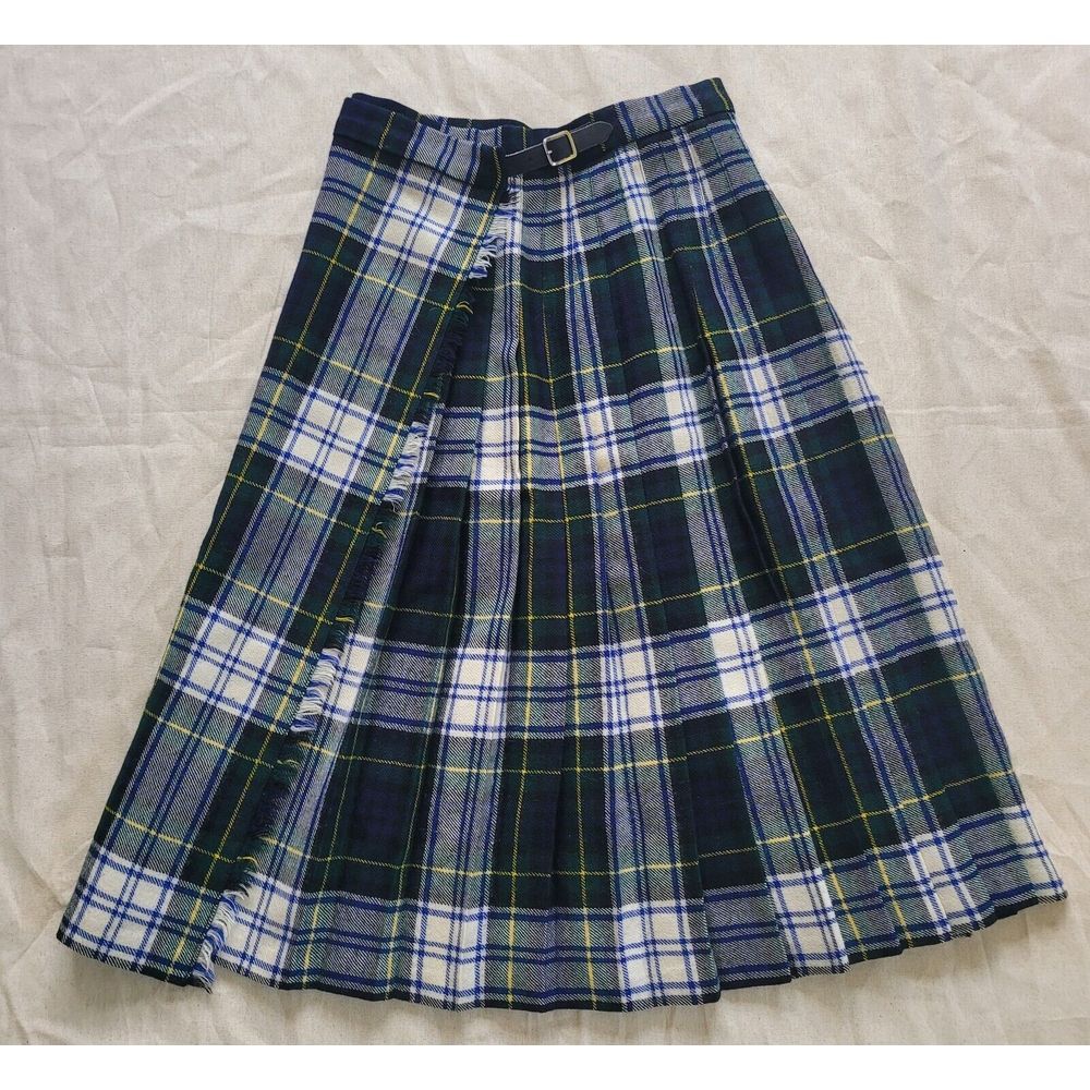 Vintage Kilt‎ Wool Green Blue Plaid Tartan Dark Academia Wrap Belt Pleated XS/S